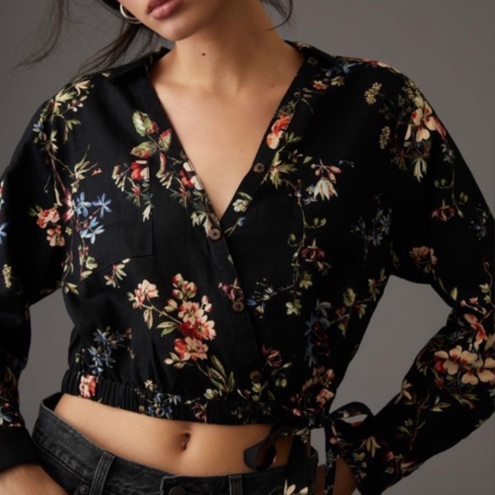 Anthropologie Pilcro Linen Blend Floral Crop Blouse Long Sleeve Tie Waist